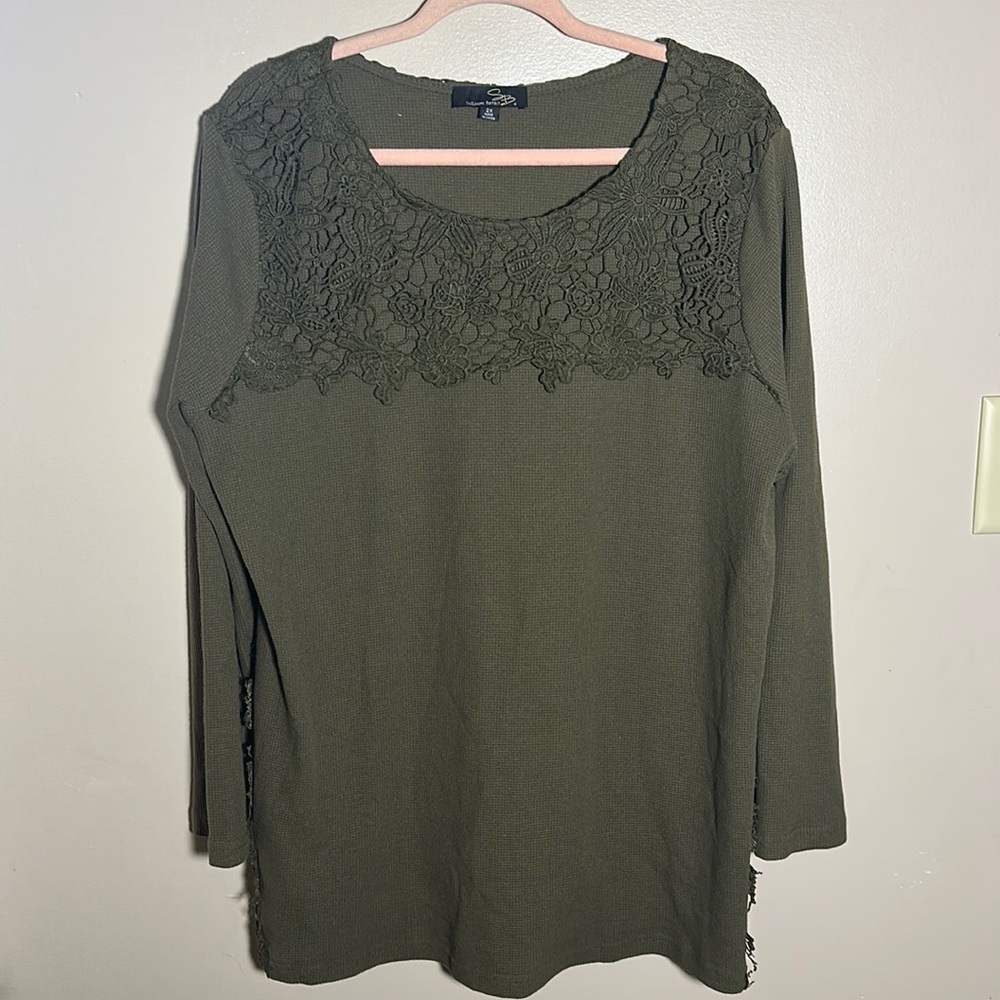 Susan Betro Olive Eyelet‎ Waffle Knit Top | 2X